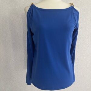 Michael Kors Royal Blue Cold Shoulder Blouse with Gold Shoulder Chain Accents